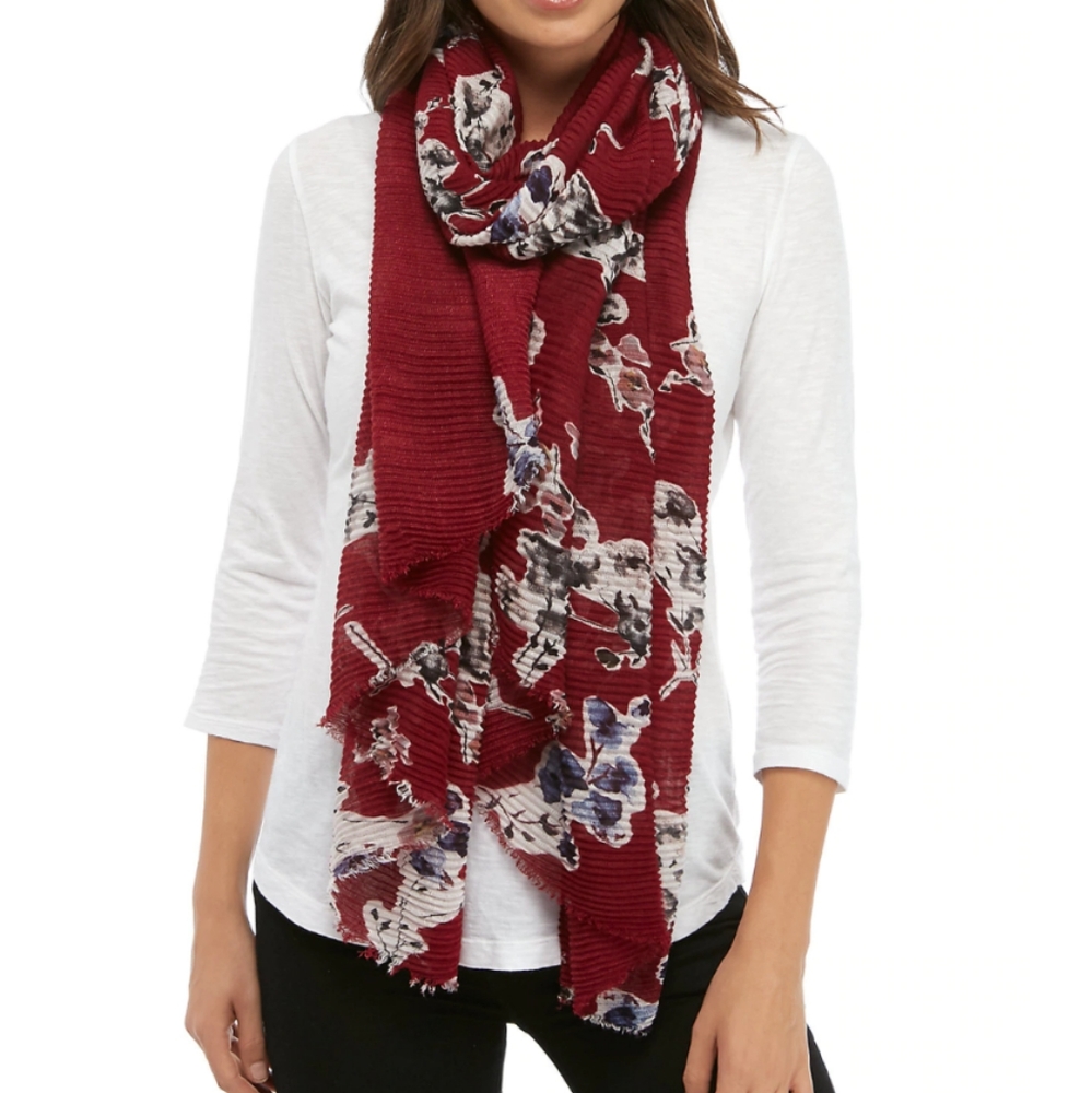 Cejon Pleated Floral Oblong Red Burgundy Scarf